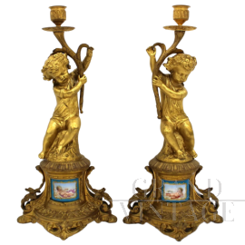 PAIR OF CANDLEHOLDERS, NAPOLEON III PERIOD, GILDED BRONZE AND PORCELAIN