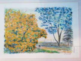 Mimosa and Jacaranda, painted lithograph by Michele Cascella