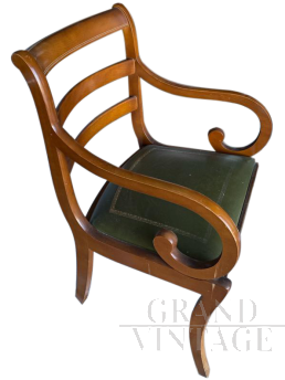 Antique style armchair with genuine green leather seat