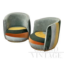 Pair of design tub armchairs in four-coloured velvet, 1980