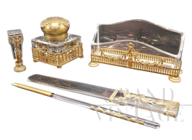 Rare antique Napoleon III writing set in gilt bronze and crystal