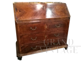Antique chest of drawers with drop-down desk, veneered in olive wood