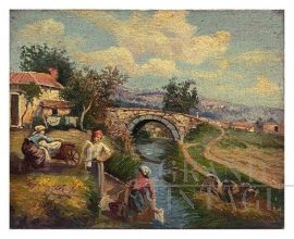 Painting Country scene with washerwomen, Posillipo School, oil on panel