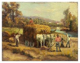 Rural scene with hay harvest, Posillipo school, oil on panel