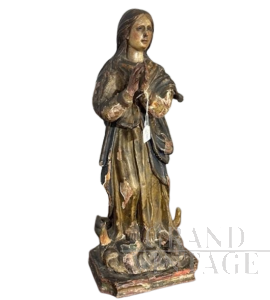 Antique polychrome wooden sculpture of the Virgin, 17th century