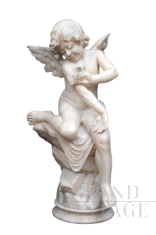Antique Napoleon III alabaster sculpture depicting a winged cherub
