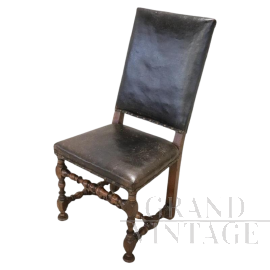 Antique 17th century walnut and leather spool chair 
