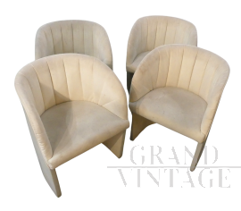 Set of 4 vintage armchairs in ivory-coloured alcantara and skai, 1980s