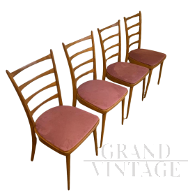 Set of 4 vintage Scandinavian style chairs in old pink velvet