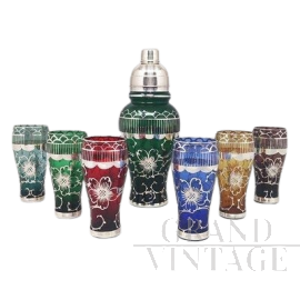 Set of shaker with 6 glasses in colored and worked glass, 1960s  
