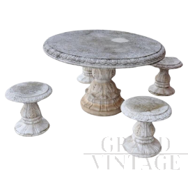 Vintage garden set with table and 4 terrazzo stools in concrete grit        