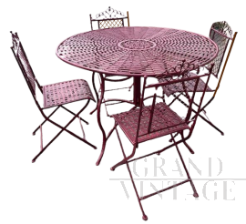 Garden set with table and 4 chairs in red lacquered wrought iron, 1970s