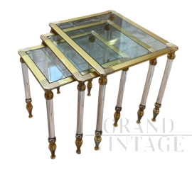 Set of 3 glass and brass nesting tables