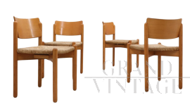 Set of 4 vintage wooden dining chairs with straw seats, 1970s