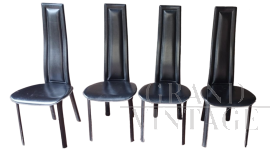Set of 4 black leather design chairs, Elena B for Quia style, 1970s/80s