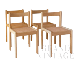 Set of four vintage Italian oak and Vienna straw chairs