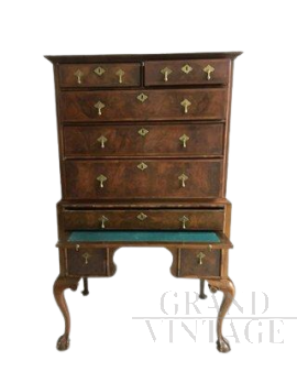 Antique English chest of drawers in walnut with writing desk