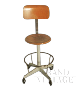 Vintage industrial high stool in wood and beige metal with backrest, 1950s