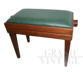 Adjustable vintage piano stool in wood and green skai          