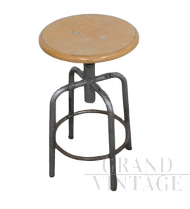 Vintage industrial 4-legged wooden and iron stool, 1960s