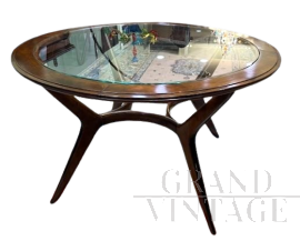 Mid-century round wooden table with glass top