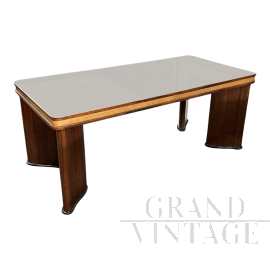 Art deco style table in wood and briar with black glass top  