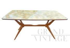 Ico Parisi style table in light wood with marbled glass top