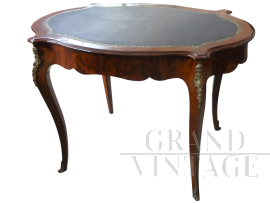 Antique French writing table with top in black leather and bronzes