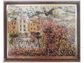 Terraces in Portofino - painting by Michele Cascella on gold leaf