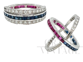 Anello trasformabile Eternity Art Déco con rubini, zaffiri e diamanti                            