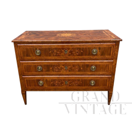 Antique Louis XVI chest of drawers with 3 drawers and floral inlay, 18th century
