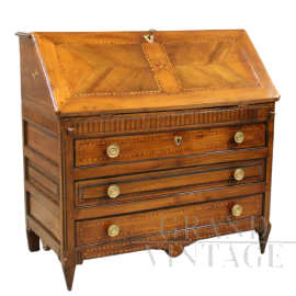 Antique Louis XVI dresser with drop-down desk, in inlaid cherrywood, Italy 18th century
