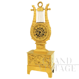 Antico orologio parigina a Lira Impero in bronzo dorato '800                            