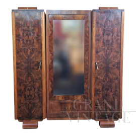 Art Deco wardrobe in walnut briar with mirrored door, Italy 1930s