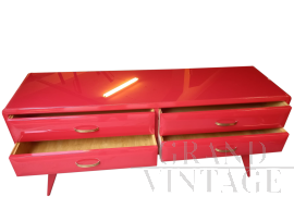 Red lacquered Ico Parisi style vintage chest of drawers with glass top