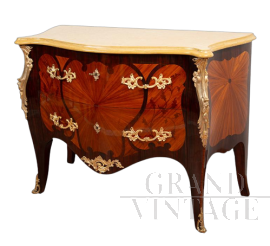 Comò antico Napoleone III bombato in legni esotici pregiati e bronzi