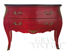 Cassettone comò in stile barocco laccato rosso antico                            