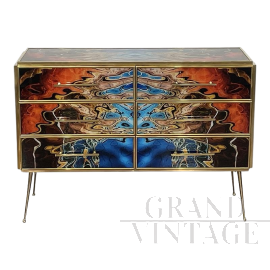 Comò a sei cassetti in vetro multicolore con fantasia astratta                            