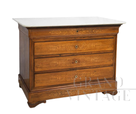 Antique Charles X chest of drawers with white statuary marble top    
                            
