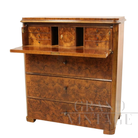 Comò Biedermeier antico in radica di noce con piano a ribalta                            