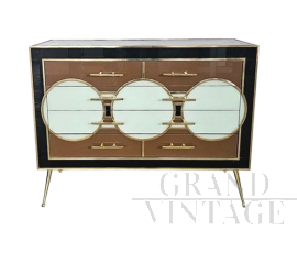 Comò geometrico in vetro marrone e nero con cerchi bianchi                            