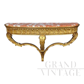 Antique style wall mounted console table in gilded wood and marble