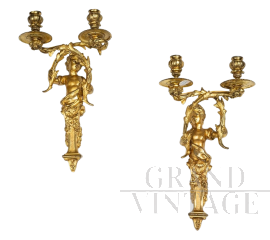 Coppia di applique antiche Napoleone III Francesi in bronzo dorato                            