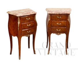 Pair of antique bedside tables in precious exotic woods with yellow marble top