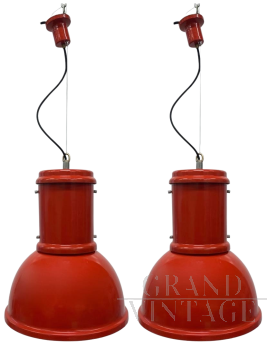 Coppia di lampade a sospensione Lampara rosse di Fontana Arte, 1970                            