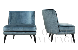 Pair of French style design armchairs in light blue velvet           
                            