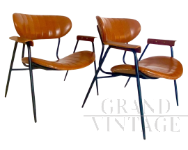 Coppia di poltroncine di Gastone Rinaldi per RIMA in similpelle marrone                            