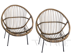 Pair of vintage bamboo and rattan armchairs