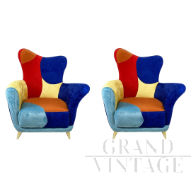 Pair of asymmetric design armchairs in multicolored velvet            
                            