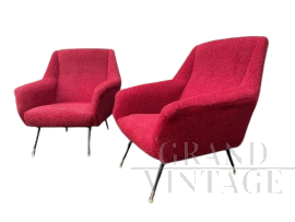 Coppia di poltrone design in stile Gigi Radice in lana bouclé rossa, anni '60                            